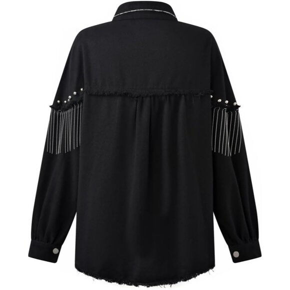 Women’s Black Apocrypha Boho Fringe Rhinestone Denim Cowgirl Jacket - Picture 3 of 7